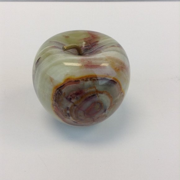 Vintage Hand Carved Polished Onyx Stone Marble Apple Paperweight Brass Stem - Picture 1 of 10